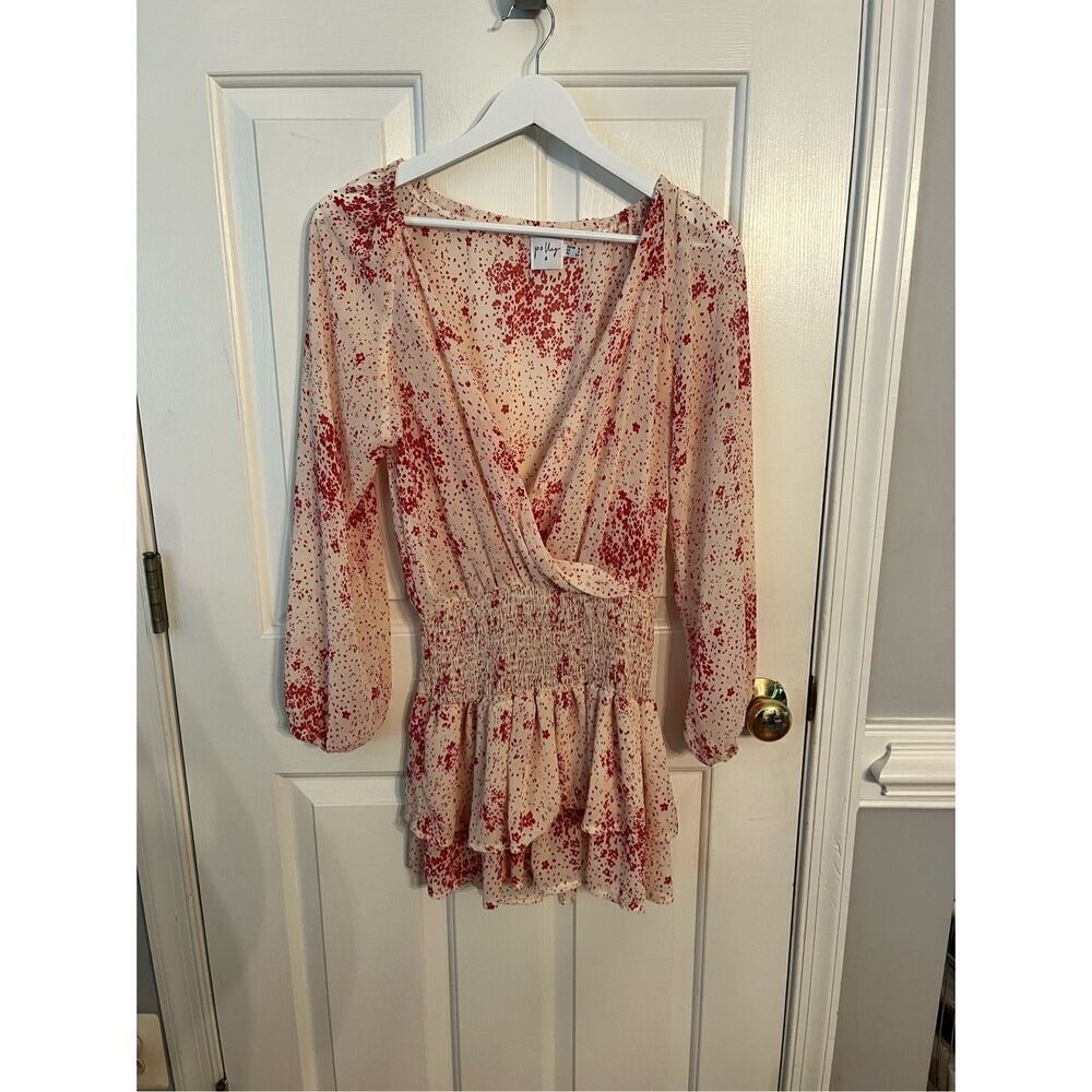 Princess Polly Cream & Red Floral Sheer V-Neck Wide Smocked Waist Mini Dress sz
